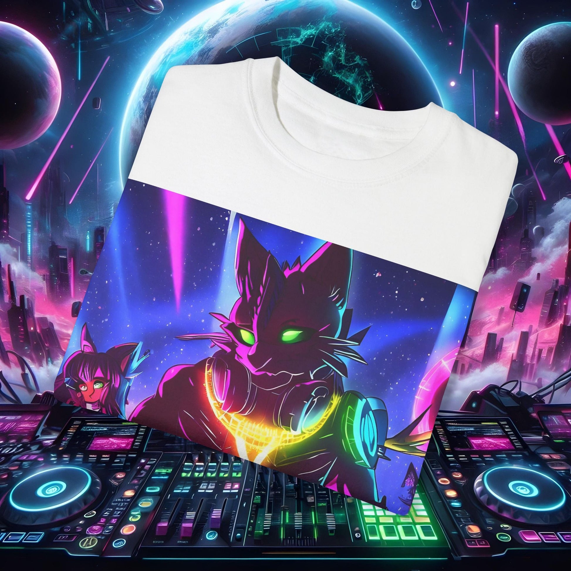 Space Cat Rave Drip - Black Drip Cat Green Eyes DJ - Unisex T-Shirt - Space Cat Rave Drip - T-Shirt - Printify
