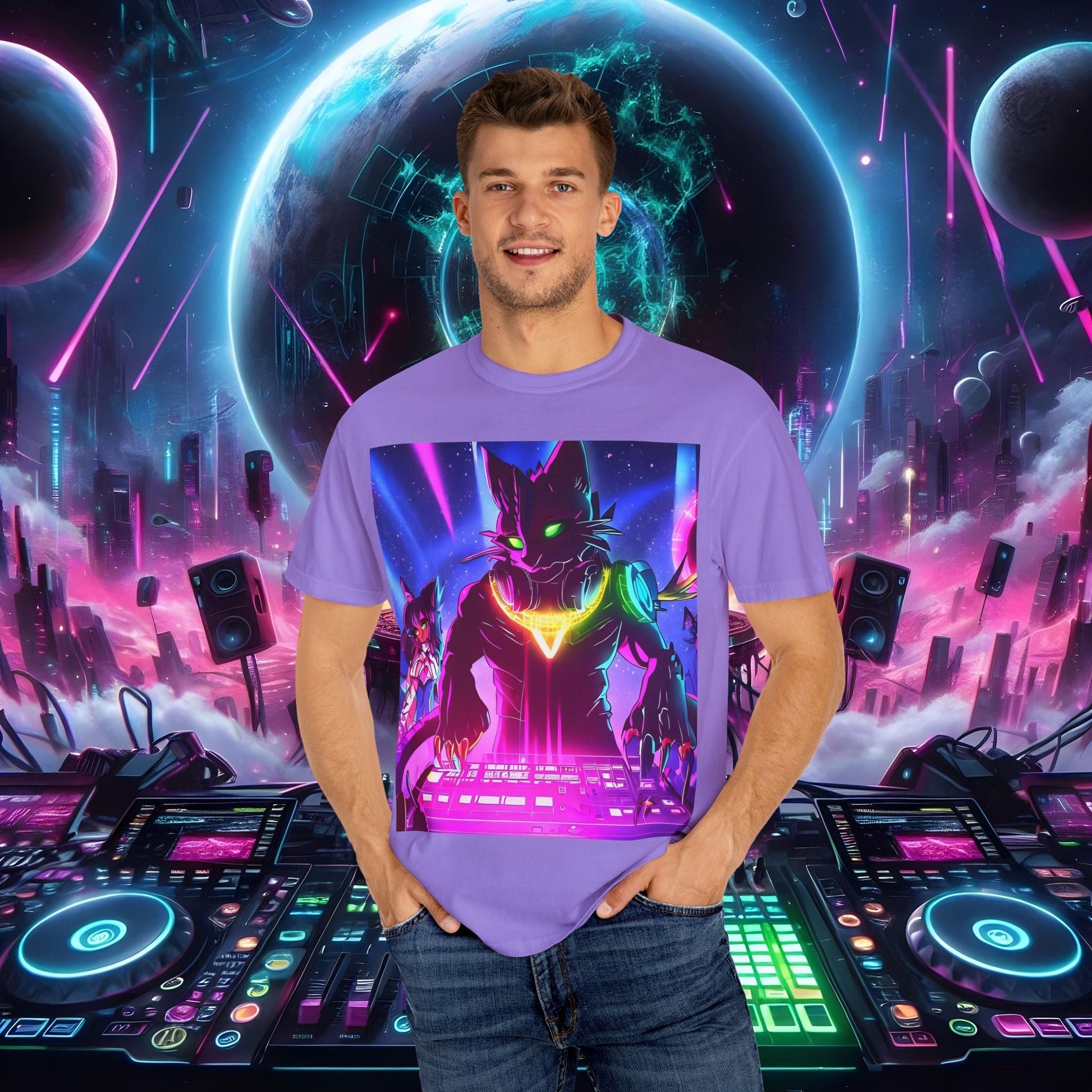 Space Cat Rave Drip - Black Drip Cat Green Eyes DJ - Unisex T-Shirt - Space Cat Rave Drip - T-Shirt - Printify
