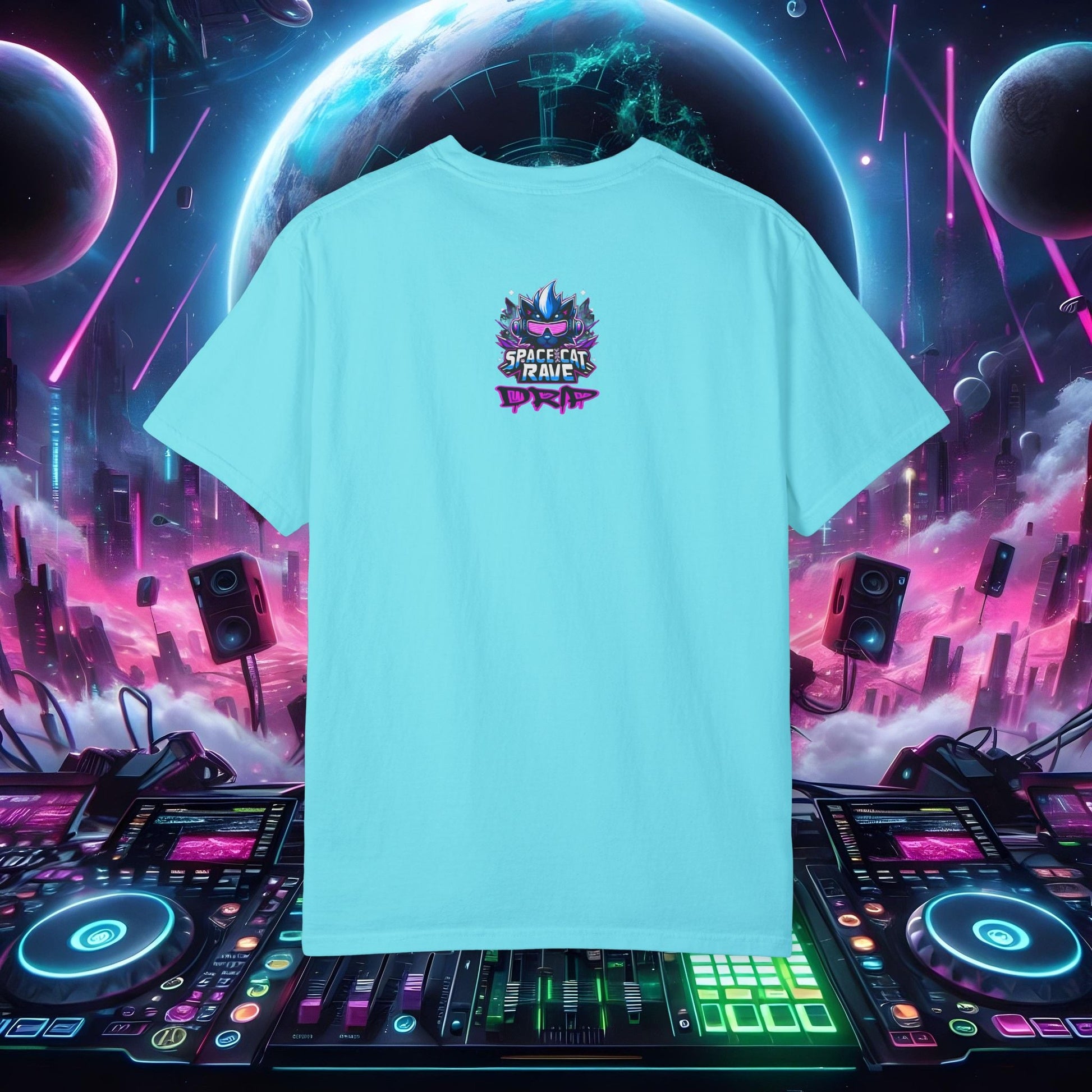 Space Cat Rave Drip - Black Drip Cat Green Eyes DJ - Unisex T-Shirt - Space Cat Rave Drip - T-Shirt - Printify