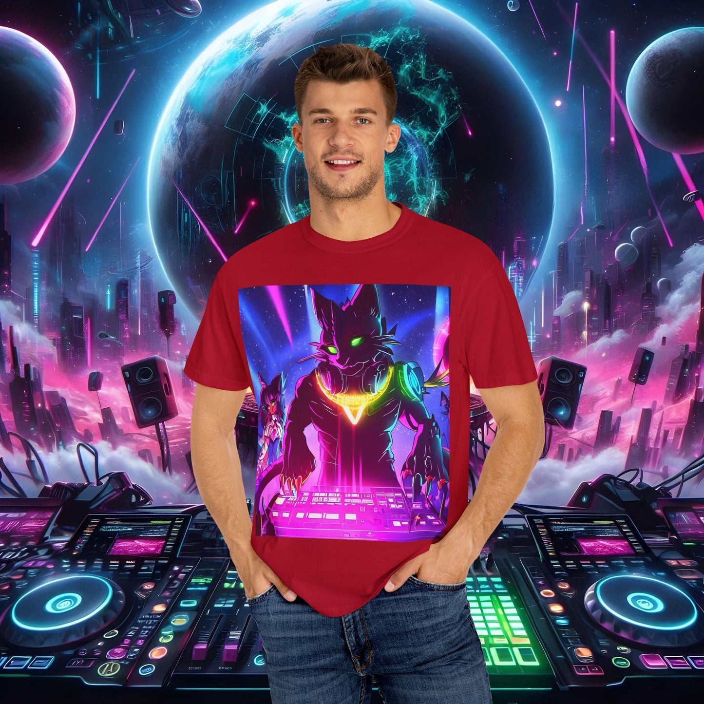 Space Cat Rave Drip - Black Drip Cat Green Eyes DJ - Unisex T-Shirt - Space Cat Rave Drip - T-Shirt - Printify