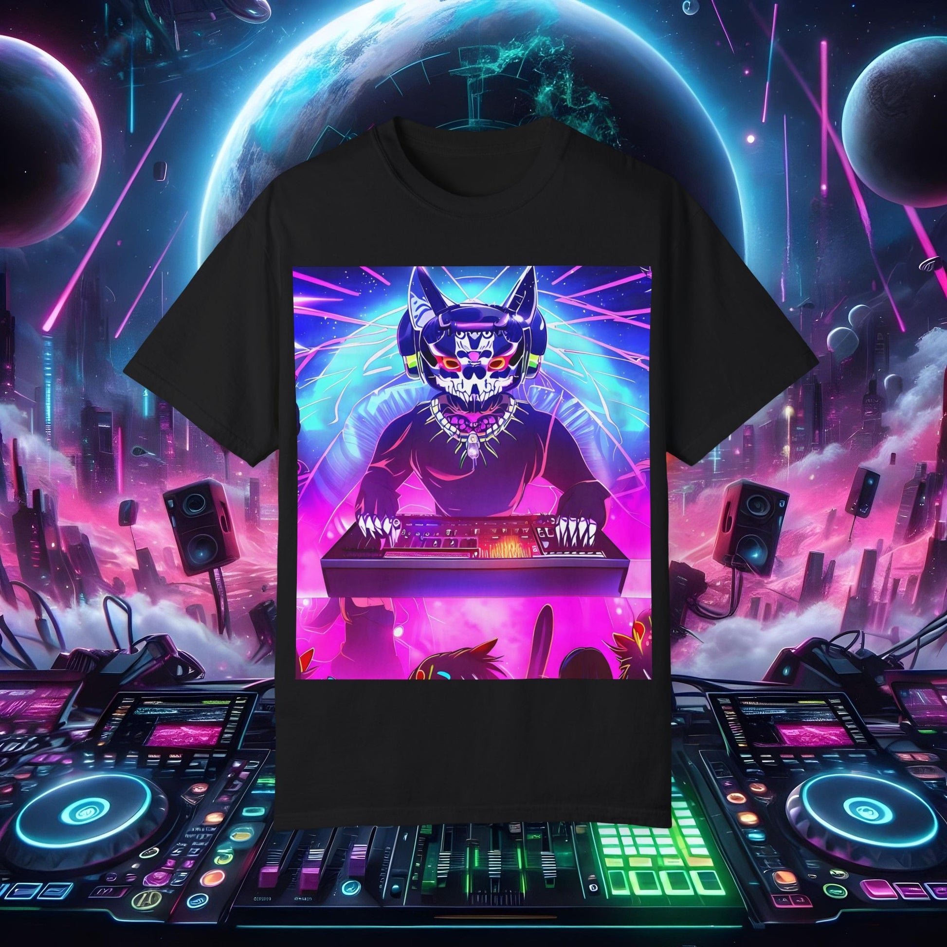 Space Cat Rave Drip - Black Skull Cat Red Eyes DJ - Unisex T-Shirt - Space Cat Rave Drip - T-Shirt - Printify
