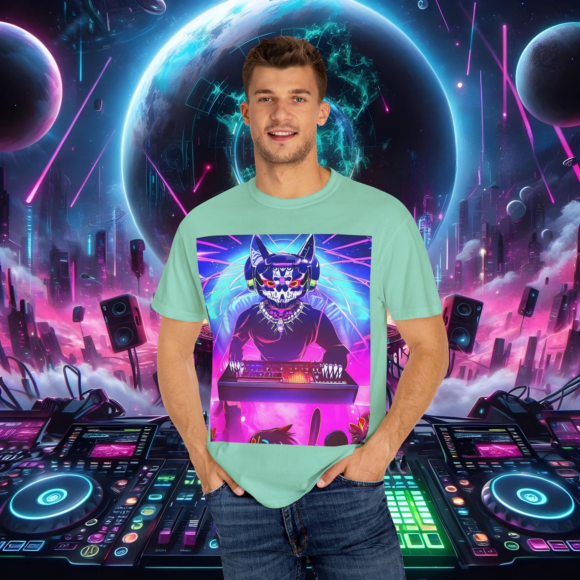 Space Cat Rave Drip - Black Skull Cat Red Eyes DJ - Unisex T-Shirt - Space Cat Rave Drip - T-Shirt - Printify