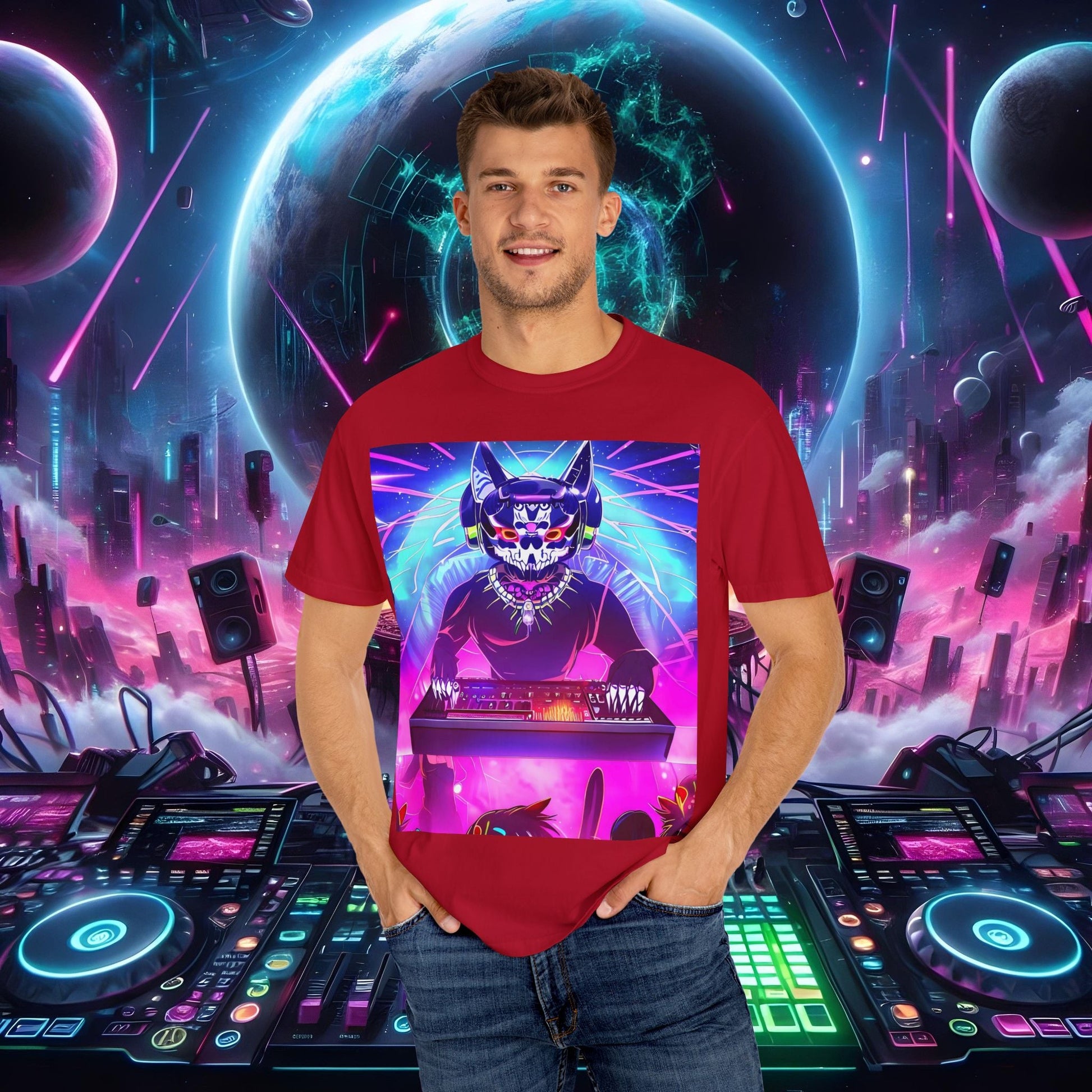 Space Cat Rave Drip - Black Skull Cat Red Eyes DJ - Unisex T-Shirt - Space Cat Rave Drip - T-Shirt - Printify