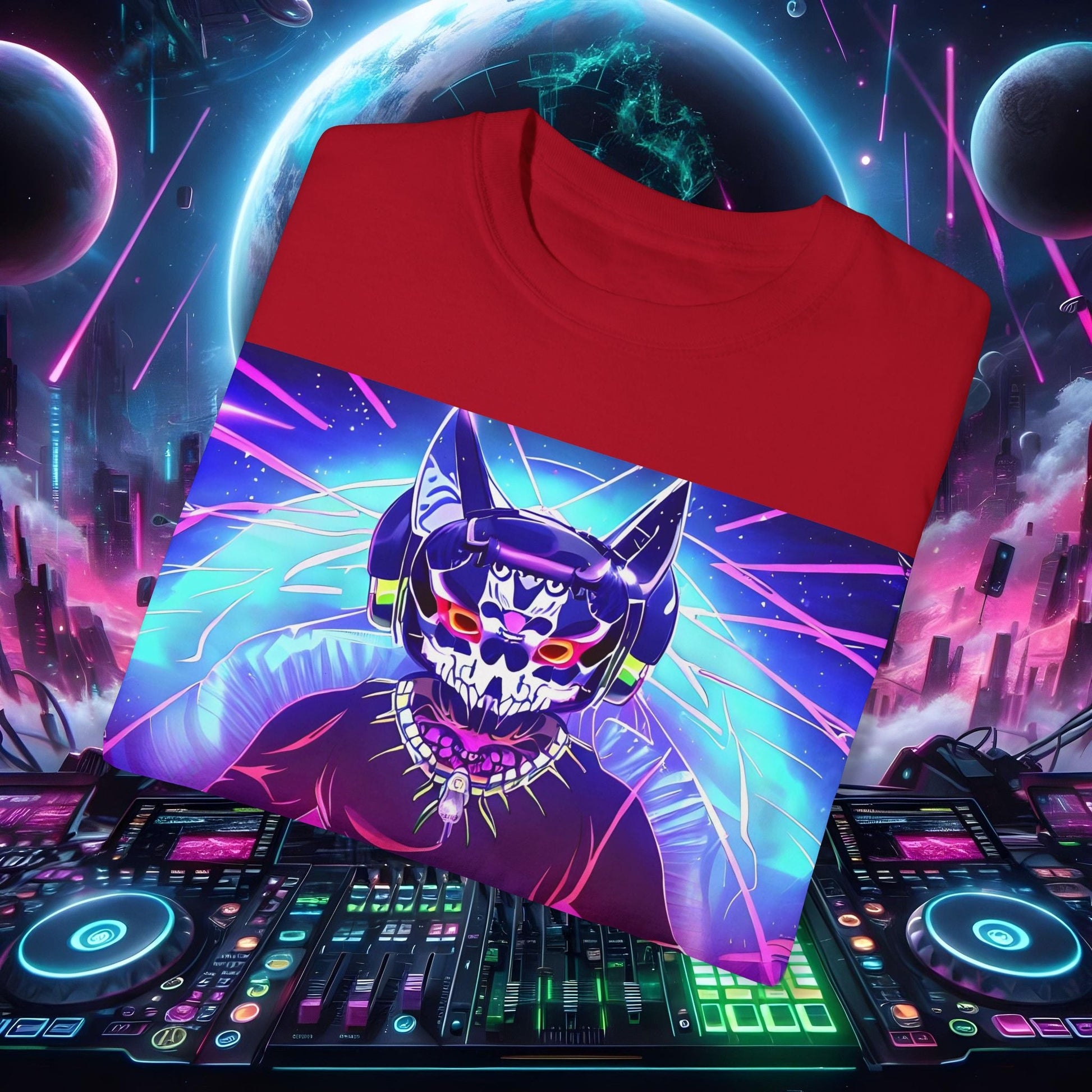 Space Cat Rave Drip - Black Skull Cat Red Eyes DJ - Unisex T-Shirt - Space Cat Rave Drip - T-Shirt - Printify