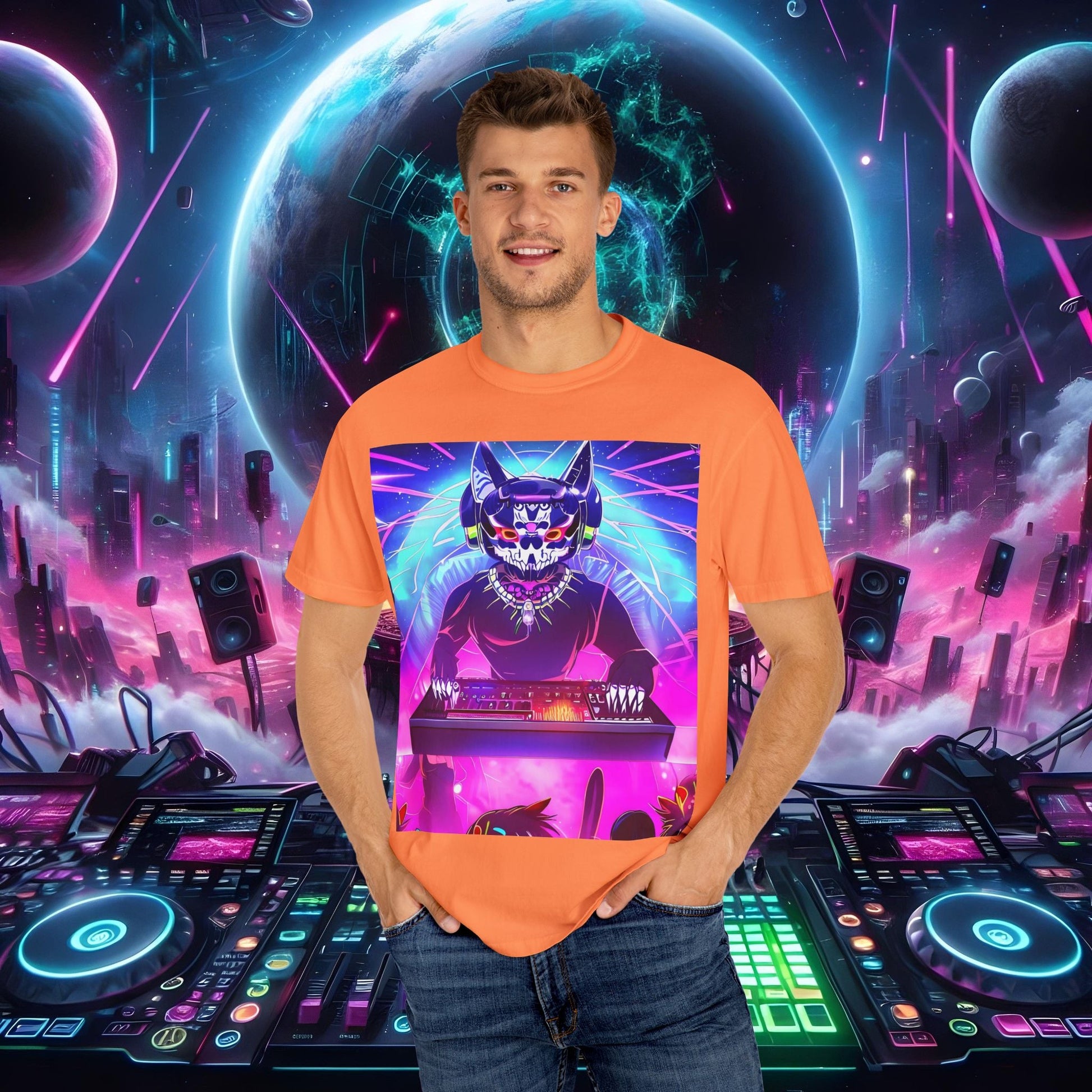Space Cat Rave Drip - Black Skull Cat Red Eyes DJ - Unisex T-Shirt - Space Cat Rave Drip - T-Shirt - Printify