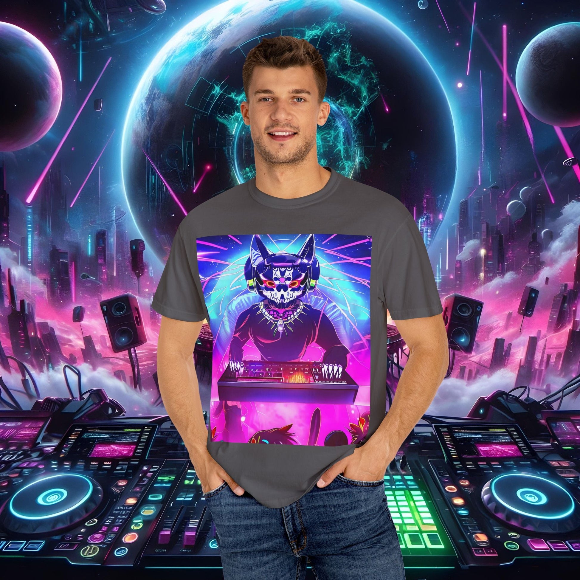 Space Cat Rave Drip - Black Skull Cat Red Eyes DJ - Unisex T-Shirt - Space Cat Rave Drip - T-Shirt - Printify