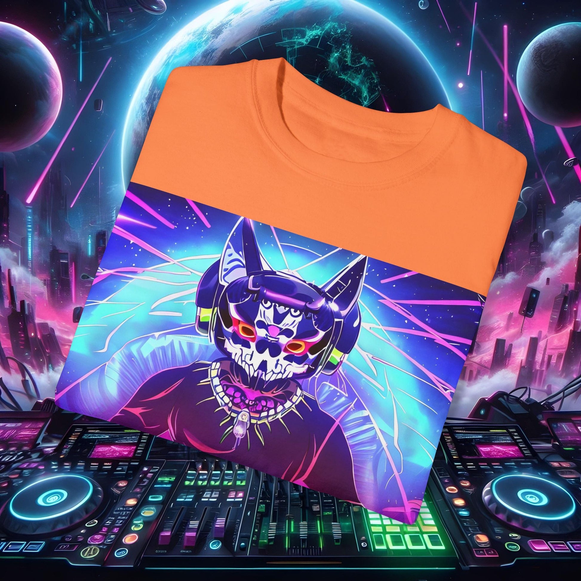 Space Cat Rave Drip - Black Skull Cat Red Eyes DJ - Unisex T-Shirt - Space Cat Rave Drip - T-Shirt - Printify