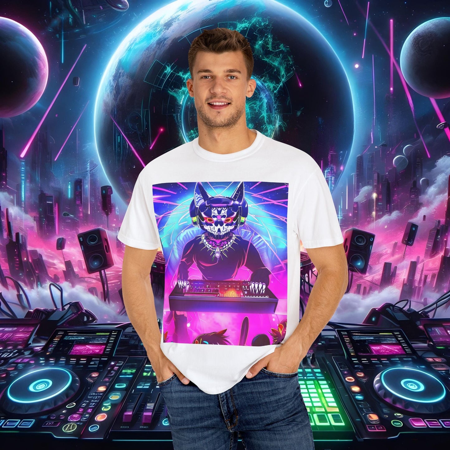 Space Cat Rave Drip - Black Skull Cat Red Eyes DJ - Unisex T-Shirt - Space Cat Rave Drip - T-Shirt - Printify