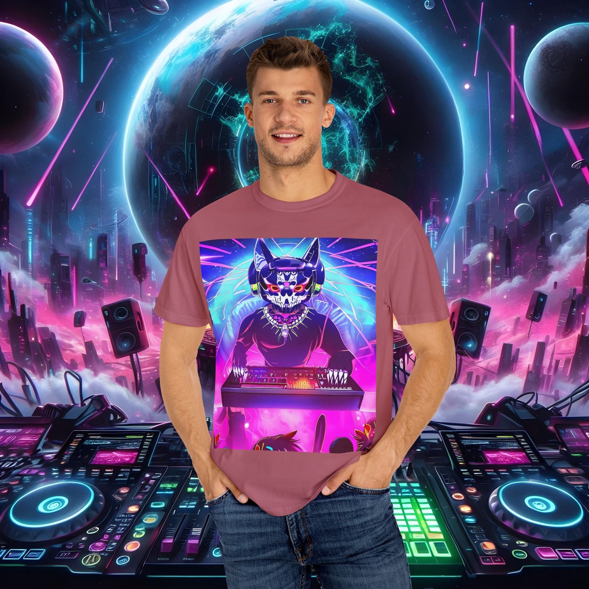 Space Cat Rave Drip - Black Skull Cat Red Eyes DJ - Unisex T-Shirt - Space Cat Rave Drip - T-Shirt - Printify