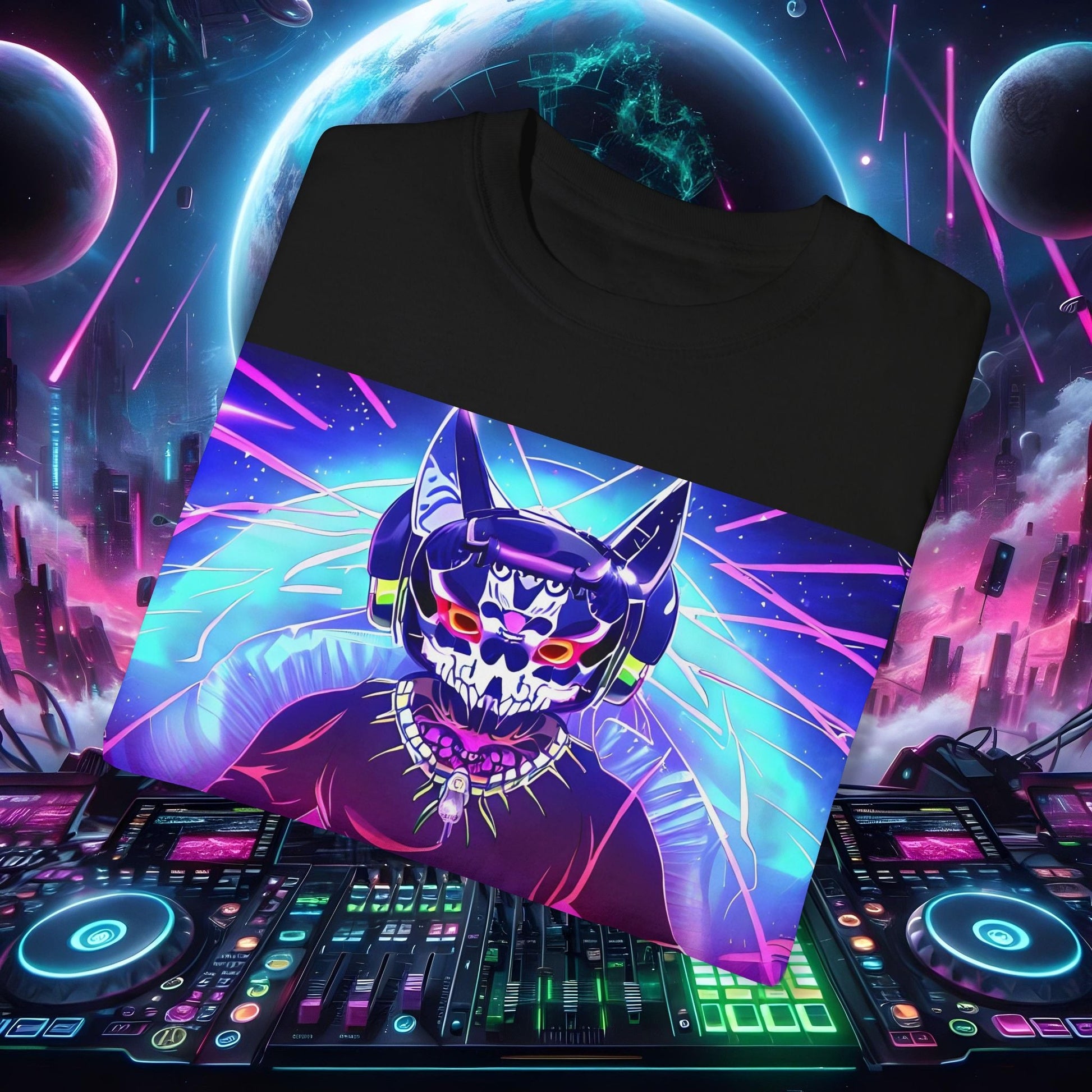 Space Cat Rave Drip - Black Skull Cat Red Eyes DJ - Unisex T-Shirt - Space Cat Rave Drip - T-Shirt - Printify