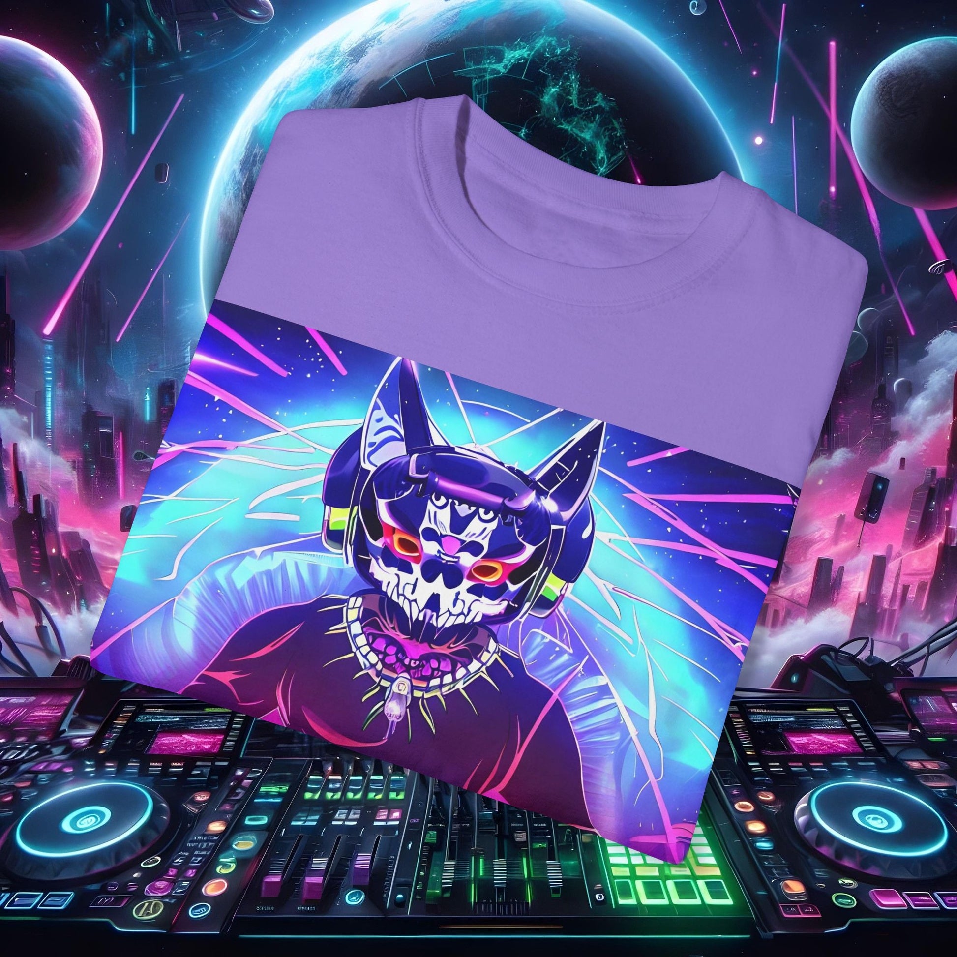 Space Cat Rave Drip - Black Skull Cat Red Eyes DJ - Unisex T-Shirt - Space Cat Rave Drip - T-Shirt - Printify