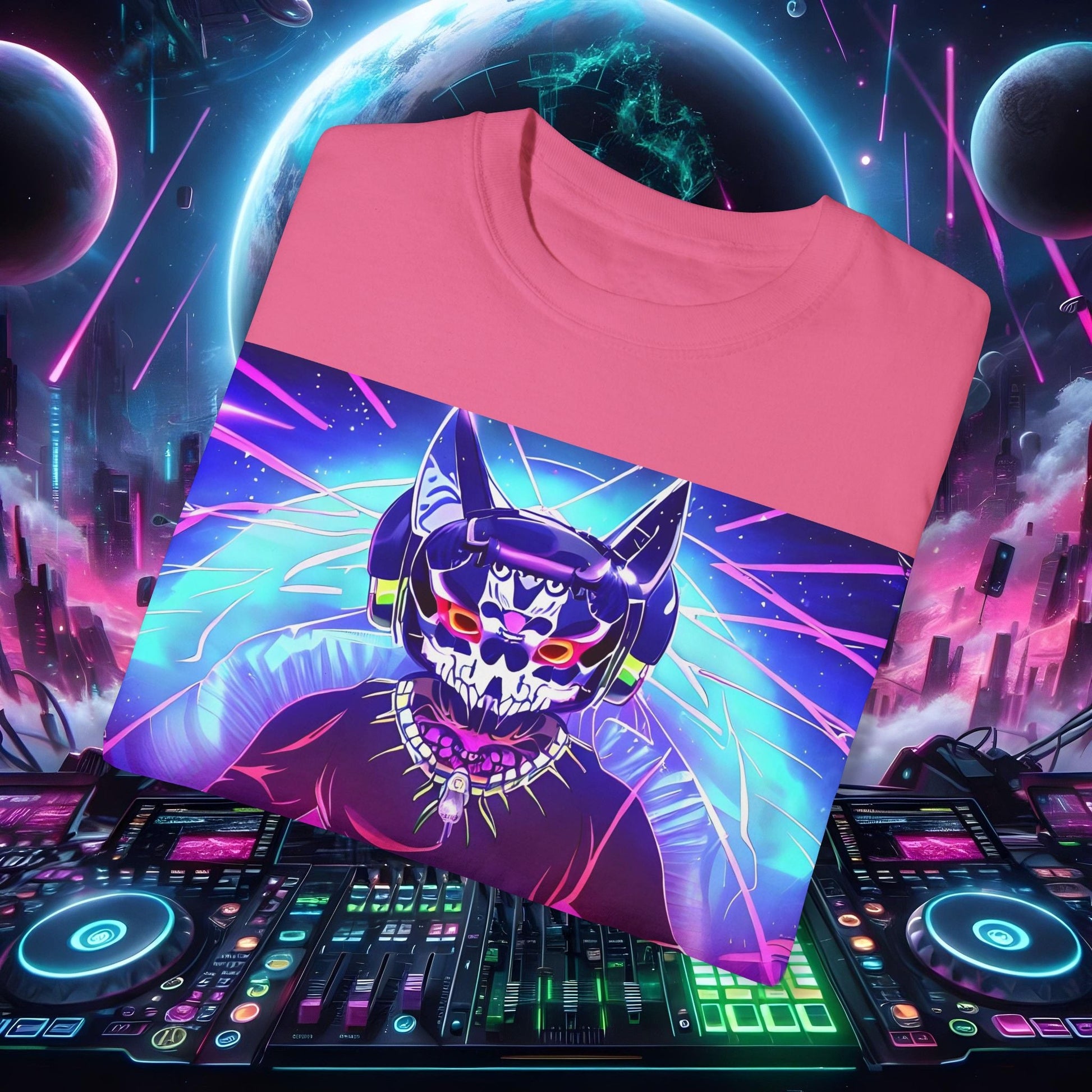 Space Cat Rave Drip - Black Skull Cat Red Eyes DJ - Unisex T-Shirt - Space Cat Rave Drip - T-Shirt - Printify