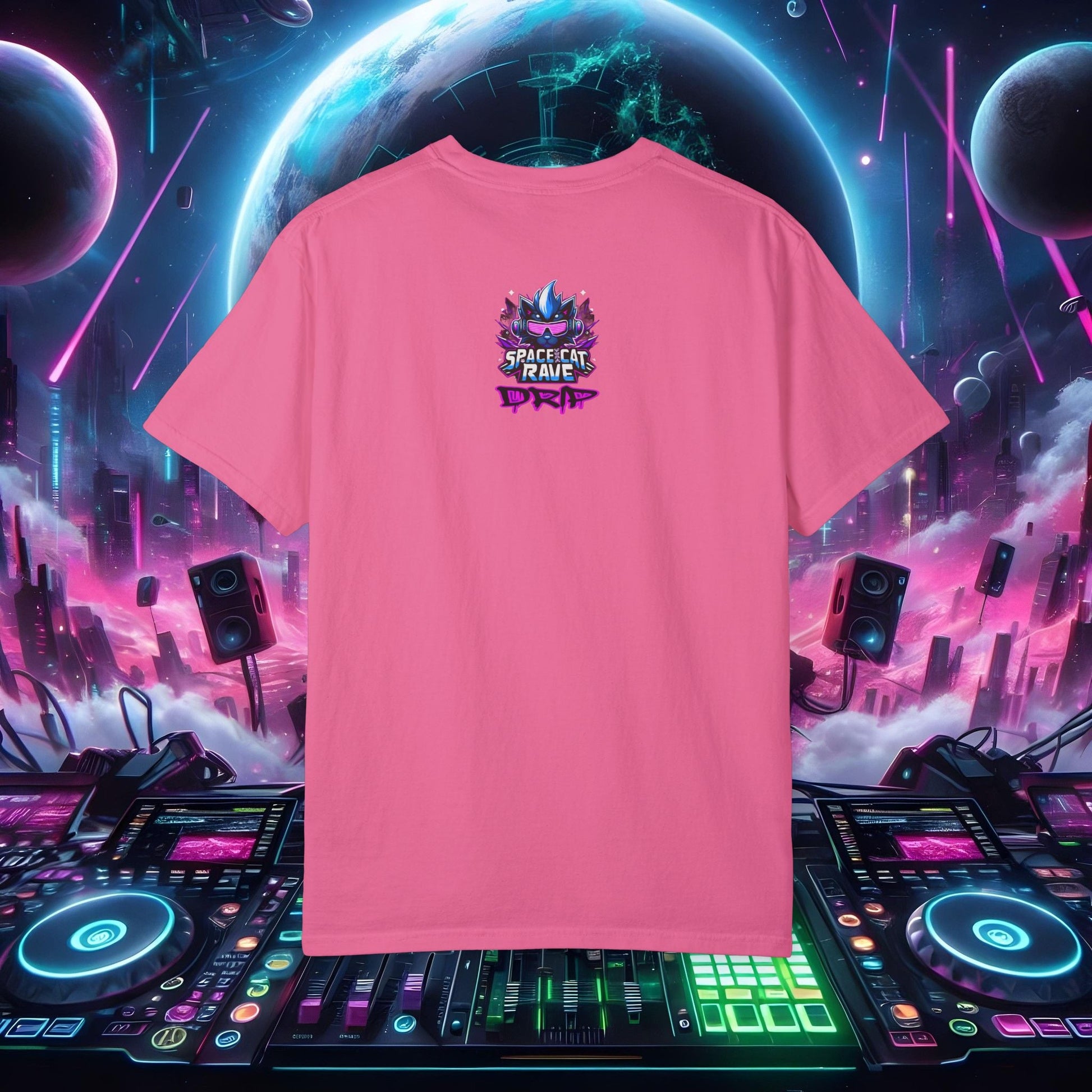 Space Cat Rave Drip - Black Skull Cat Red Eyes DJ - Unisex T-Shirt - Space Cat Rave Drip - T-Shirt - Printify