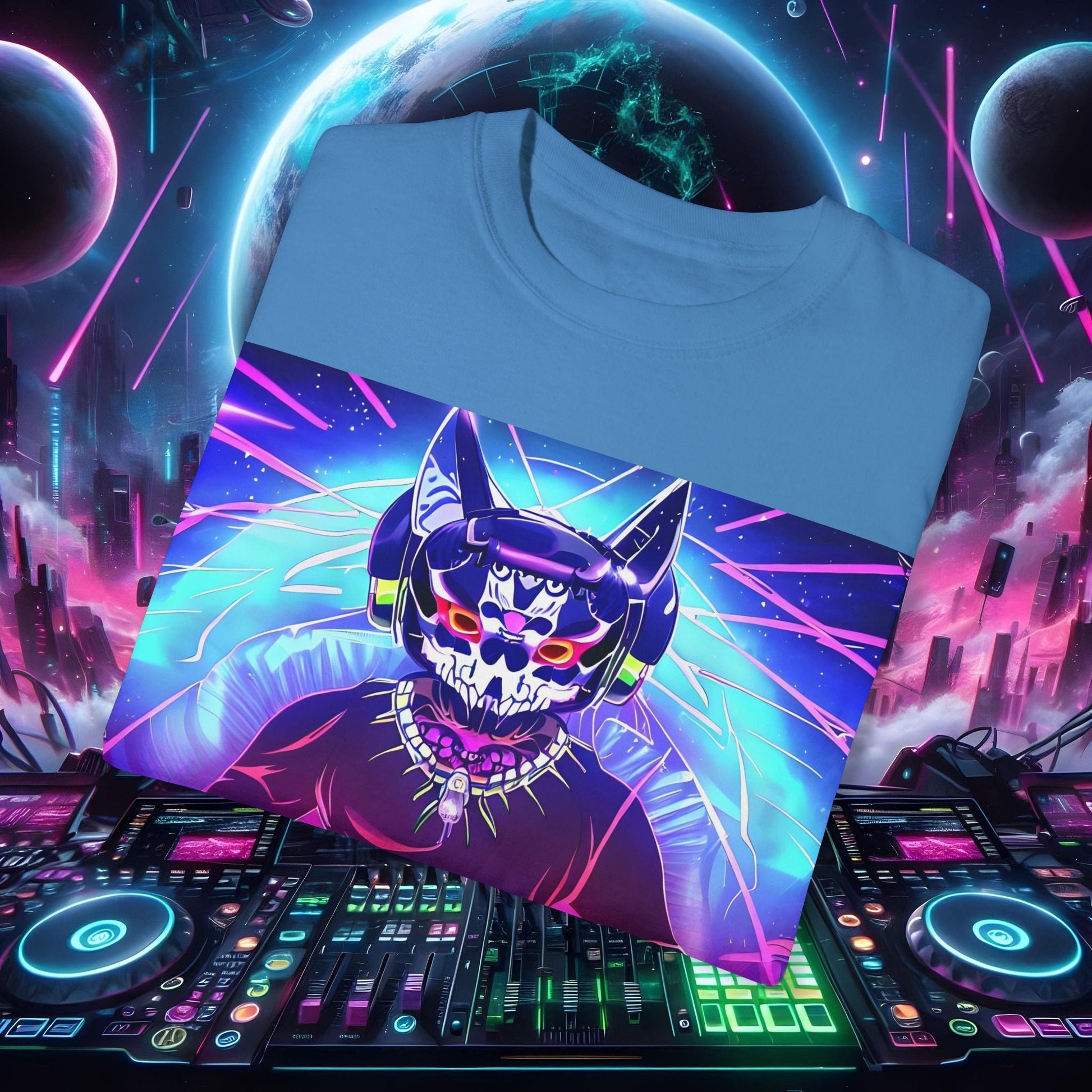 Space Cat Rave Drip - Black Skull Cat Red Eyes DJ - Unisex T-Shirt - Space Cat Rave Drip - T-Shirt - Printify