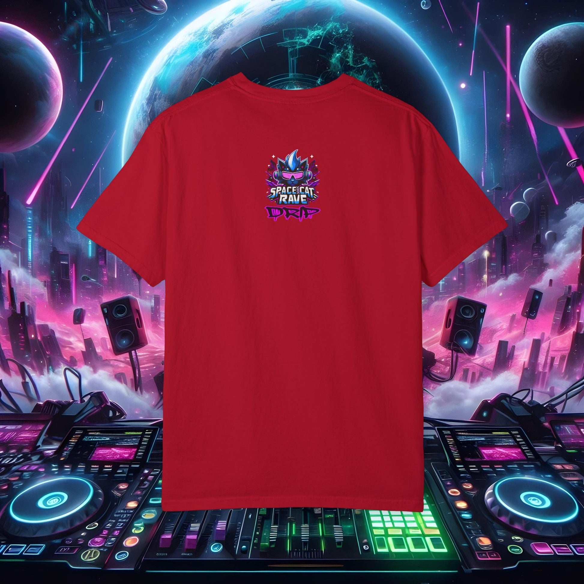 Space Cat Rave Drip - Black Skull Cat Red Eyes DJ - Unisex T-Shirt - Space Cat Rave Drip - T-Shirt - Printify