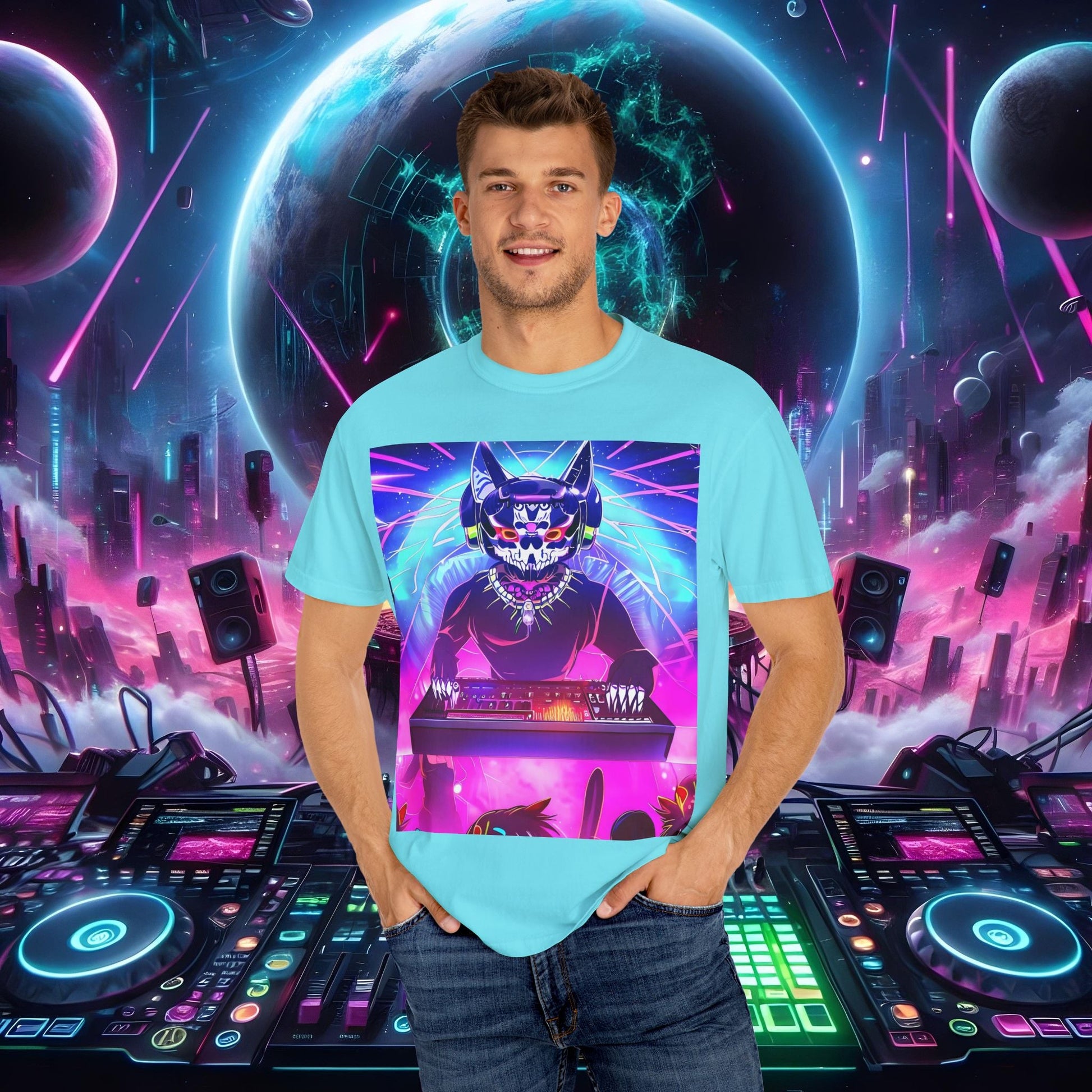 Space Cat Rave Drip - Black Skull Cat Red Eyes DJ - Unisex T-Shirt - Space Cat Rave Drip - T-Shirt - Printify